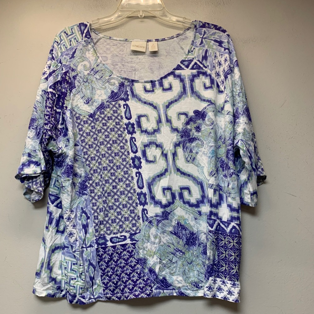 Chico's Top Women Size 2 Blue White Patchwork Paisley Scoop Neck Excellent Boho